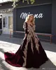 Burgundy Dubai Arapça Balkalı Elbise Gece Elbise Dantel Aplike Ünlü V Boyun Uzun Kollu Balo Elbise Gowns Resmi Pageant Elbise