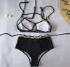 Biquínis Mulheres Swimwear Cor Sólida Cintura Alta Duas Peças Maiô Mulheres Sexy Maiôs com Metal