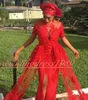 Modna Afrykańska Koronkowa Skłonka Front Split Suknia Wieczorowa Koronkowa Suknia Krótki Rękaw Czerwony Plus Rozmiar Okazja Formalna Prom Robe De Soiree Party Nosić