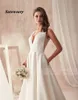 Berömd design satin bröllopsklänning med fickv-hals utskärning sida öppen baksida brudklänning fickor vestido longo de festa183w