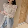 Spring new women's lacing bow collar organza lace floral embroidery perspective long sleeve blouse shirt and inside vest 2 pieces tops