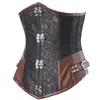 Women Gothic Steampunk Brown Black 12pcs Steel Boned Brocade Jacquard Underbust Corsets with PU Leather Patchwork Sexy Waist Cinch242o