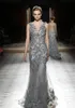 New V Neck Tony Ward Long Gray Evening Dresses Celebrity Party Gowns Lace Applique Beads Floor Length Tulle Prom Dresses