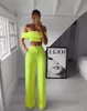 STYLISH Lady Neon Green 2 Piece Set Women Solid Off the Shoulder Crop Top and Wide Leg Pants 2019 Sexy Summer Club Party Two Piece Outfits