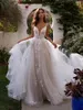 2020 Vintage dentelle une ligne robes de mariée bretelles spaghetti tulle appliques volants tribunal train jardin robes de mariée vestido de noiva209O