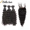 Brasilianische reine Haarwebart-Erweiterungen, 3 Bündel mit Verschluss, 4 x 4 Top-Spitzenverschlüsse, tiefe Welle, menschliche Haarwebart, Schuss, 4 Stück/Lot, Bella Hair