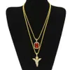 Ciondolo croce con strass Bling angelo in due pezzi con collana con ciondolo rubino rosso Set gioielli Hip Hop moda uomo