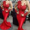 Simples elegante Sheer manga comprida Vestidos Red Prom Mermaid formal do partido Evening Vestidos Lace Appliqued Vestido Pageants