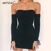 Kadınlar Mini Kısa Elbise Bandaj Elbise Kadınlar Seksi Kapalı Omuz Uzun Kollu Ince Elastik Bodycon Parti Elbiseler Vestidos