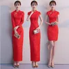 Etiquette cheongsam female 2019 new red Slim welcome lady dress Chinese style fashion elegant show catwalk service