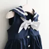 Venta caliente INS Falda azul marino para niños niñas lindo vestido de verano con pajarita boutiques para niños ropa de alta calidad