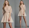 Zuhair Murad Short Prom Dresses Jewel Neck Lace Appliques Half Long Sleeve Beaded Cocktail Dress Custom Made Nude Formal Party Gowns