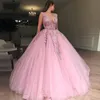 Pink Quinceanera Dresses Plunging V Neck Beads Appliques Ball Gown Evening Dress Sweep Train Tulle Prom Dress Cheap Formal Vestidos