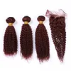 #99J Burgundy Red Hair Bundles and Closure Kinky Curly Lace Closure with Weaves Wine Red Malaysian Curly Human Hair Extensions with Closure