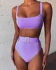 Hohe Taille Bikini Solide Lila Hohe Bein Strass Gürtel Badeanzug Strand Badeanzug Push-Up Gepolsterte Zwei Stück Bademode Biquini