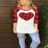 Kadın T-shirt Sevgililer Günü Aşk Kalp Ekose Bluz Uzun Kollu Yuvarlak Yaka Tişört Kadın Elastik Nefes En DH0844 emdirin Sweat