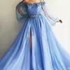 파란색 어깨 이브닝 드레스 2023 퍼프 슬리브 아플리케 구슬로 된 얇은 색 하늘 파란 파티 가운 라벤더 댄스 파티 드레스