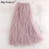 Doce ruffled irregular maxi longa tule saias feericamente uma linha plissada em camadas de camadas de camadas absorvidas longas tutu malha saia adulto