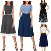 Vfemage Women Notch V Neck ColorBlock Patchwork Pockets Pleated Work Office Business Casual Party Flare A-Line Skater Dress 1031