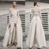 Ivory Lace Jumpsuit Beach Wedding Dresses With Detachable Train Jewel Neck Long Sleeves Bridal Gowns A Line Beaded Satin robe de mariée