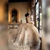 2020ビーズクリスタルレースゴールドQuinceAnera Promのドレスシアーネックチュールセクシーボールガウンイブニングパーティー甘い16ドレスローブデスイイ