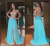 Chiffon High Sexy Split Prom Kleider Juwel Hals Perlen Paillettenrücken Partykleider Sweep Zug Abendkleider Abendkleid Robe de Marie