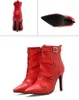 Sexiga kvinnor Röda Buckle Cross Strap Mitt Zip Pekade Toe Ankel Boots Vinterskor Storlek 35 till 40