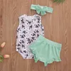 Mooie zomer peuter babymeisje katoenen kleding set mouwloze vaste katoenen bodysuit top print tutu shorts broek outfit 3pcs set3368280