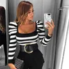 IAMHOTTY Zebra Print Square Collar Patchwork T-Shirt Femme White And Black Striped T Shirts Womens Puff Sleeve Vintage Tee Shirt