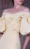 2019 Amarelo Sereia Vestidos de Noite Fora Do Ombro Floral 3D Appliqued Cetim Prom Vestidos Árabes Longos Formal Vestido de Festa