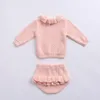 2019 Herbst Baby Girls Prinzessin Outfits Süßes Säuglingsstrick -Kleidungsstück Falbala Langarm gestrickte Pullover Tops+Shorts 2pcs Anzüge Y2572