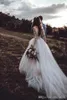 Botão elegante Branco Boho casamento Vestidos Vintage mangas compridas Lace Back Garden vestidos de noiva Trem da varredura Custom Made Vestidos de novia