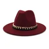 2020 Trendy Imitatie Wol Felt Fedora Hoeden Met Metalen Ketting Vintage Grote Bravel Jazz Trilby Hoed Dames Dames Feestjurken Hoed