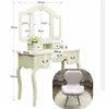 Free Shipping Wholesales Tri-fold Mirror Dresser with Dressing Stool White Dressing Table 5 Drawers