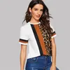 Leopard Print Short Sleeved Tshirt Strip Crew Neck Summer Tees Fashion Panelled Womens Wear Cacual Female Clothes WY003