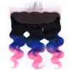 # 1B / bleu / rose ombre Hoils malaisiens Human 3Bundles avec fermeture frontale 13x4 vague de corps 3Tone ombre