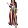 Damskie pasek V-Neck Rainbow Paski V Neck Długa Maxi Dress Sexy Split Z Długim Rękawem Koronki Dresses Hollow Out Night Clubwear Club Kobieta Vestido