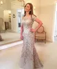 2022 Sparkly Formal Mermaid Mother Of The Bride Dresses Sheer Neck Short Sleeves Lace 3D Floral Flowers Appliques Zipper Back Plus Size Party Evening Gowns