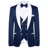 2020 Blue Men Свадебные костюмы Бренд Модный дизайн Настоящие Groomsmen Белый Шаль Отволошенок Groom Tuxedos Мужская смокинг Свадьба / выпускные костюмы 3 штуки