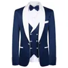 2020 blau Männer Hochzeit Anzüge Marke Mode Design Echte Groomsmen Weiß Schal Revers Bräutigam Smoking Herren Smoking Hochzeit/ball Anzüge 3 Stück