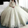 2022 소녀 라인 웨딩 드레스 긴 소매 섹시한 뒤쪽 두바이 럭셔리 크리스탈 꽃 공 가운 신부 드레스