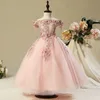 빈티지 핑크 어깨 꽃 소녀 드레스 레이스 Appiques 비즈 비즈 유아 작은 꼬마 도깨비 드레스 프린세스 첫 성찬 드레스