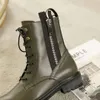 Hot Sale-Spring Höst Kvinnor Svart Olive Green Real Leather Lace Up med Side Zipper Ankel Booties Biker Militär Combat Boots