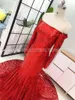 2020 Off Shoulder Mermaid Red Prom Dresses Long Sleeves Sparkly Sequin African Formal Party Gowns vestidos de fiesta Real Photos