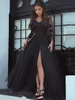 Sexy Black Chiffon Slits Prom Dress V neck With Illusion Long Sleeves Lace Applique Empire Waist Floor length Evening Formal Gowns