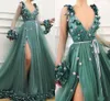 Robes de soirée Hunter Green Sexe Green Portez en V Couce 3D Fleurs de fleurs Floral côté Split Tulle Forme Robes de bal Robe de fête