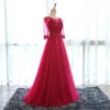 Ny 2019 Evening Dress Bankett Sweet Pink Scoop Neck Neck Half Sleeve Transparent Lace Enbroidery A-Line Long Prom Formell Dress 492