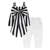 A roupa dos miúdos 2020 de Verão Bebés Meninas Roupas Meninas Define Vestuário manta alças de ombro-Bow Stripe Top calças compridas Roupas para crianças 2 Pcs