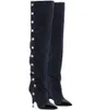 Winter New Women Black Blue Genuine Leather 100 mm Strange Heels Pointed Toe Rivets Over The Knee Thigh High Knight Boots Lady