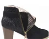 Designer Women Sequins Buckled Booties Fashion Martin Stövlar Vinter Läder Chunky Heels Runda Toe Skor med Side Zipper 4 Färger US4-12